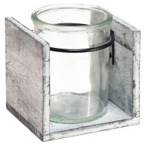Artikel Teelichthalter aus Glas in rustikalem Holzrahmen – Grau-Weiß, 10x9x10cm – Charmante Tischdeko 3St