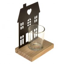 Artikel Windlicht Haus Metall Schwarz mit Holz Sockel H15cm 2St