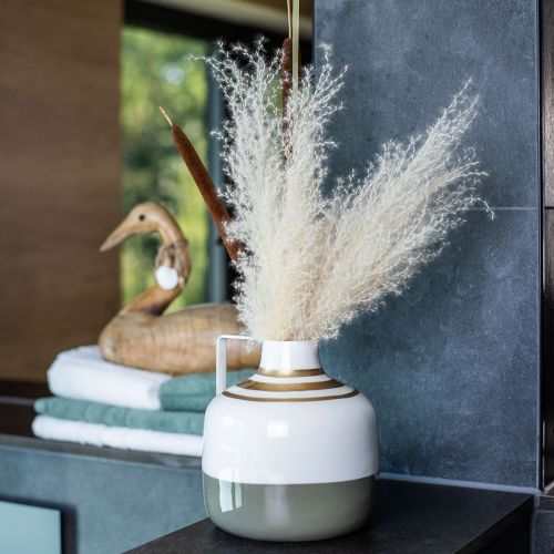 Artikel Charmante Metall Deko-Vase mit Henkel Vintage-Stil Creme/Grau/Gold Ø16cm H17cm für Trockenblumen & Kunstpflanzen