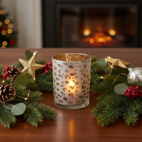 Artikel Windlicht Glas mit Leopardenmuster für Teelicht 12cm