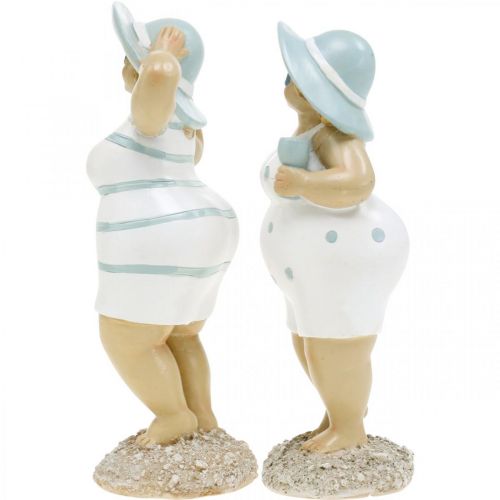 Floristik24.de Deko-Figur Damen am Strand, H15/15,5cm Badefiguren Sommerdeko, 2er-Set-03272 mit Hut Blau/Weiß