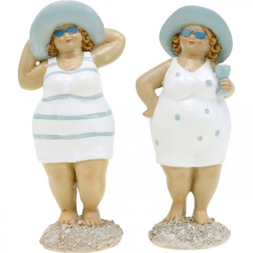 Floristik24.de Deko-Figur Damen am Strand, Sommerdeko, Badefiguren mit Hut  Blau/Weiß H15/15,5cm 2er-Set-03272