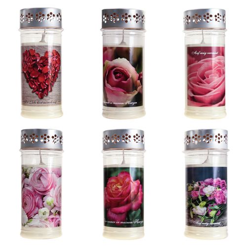 Artikel Grabkerzen mit Motiv Rosen Trauerlichter Gemischt Ø7cm H18,5cm 6St