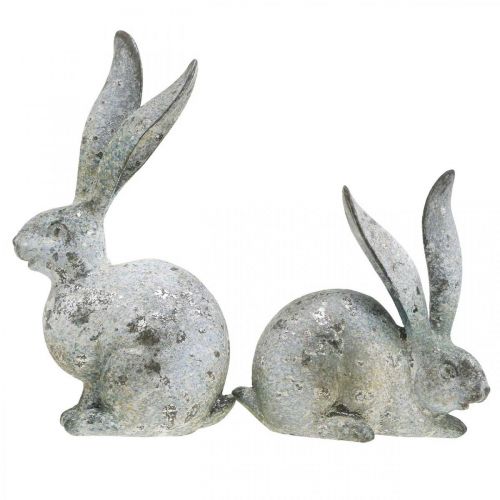 Artikel Deko-Hase, Gartenfigur in Beton-Optik, Shabby Chic, Osterdeko mit Silberakzenten H21/14cm 2er-Set