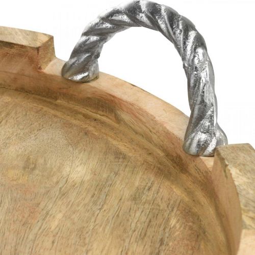 Floristik24 Holztablett mit Griffen, Tischdeko rund Echtholz, Metall Natur, Silbern Ø40,5cm