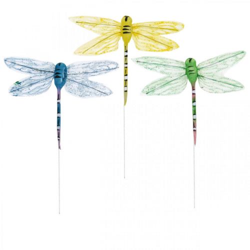 Artikel Sommerdeko, Libellen am Draht, Deko-Insekten Gelb, Grün, Blau B10,5cm 6St