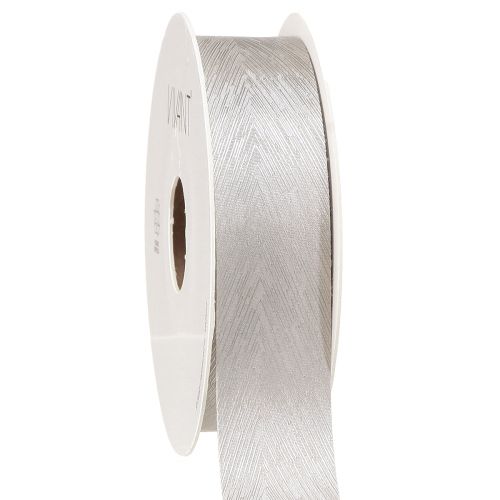 Luxuriöses silbernes Seidenband mit elegantem Federdesign – Ideal für Hochzeiten und festliche Anlässe Breit 25mm Länge 15m