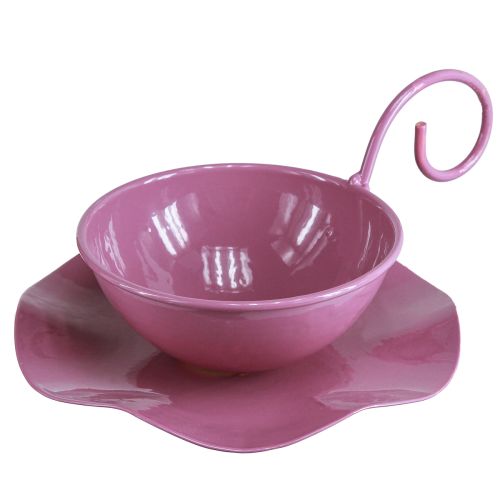 Metall Deko Tasse mit Unterteller Pink H8cm Ø11,5cm 2St