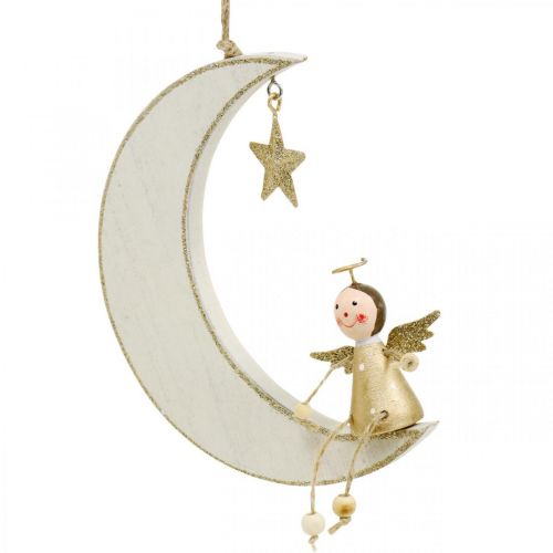 Artikel Adventsdeko, Engel auf Mond, Holzdeko zum Hängen Weiß, Golden H14,5cm B21,5cm 3 St