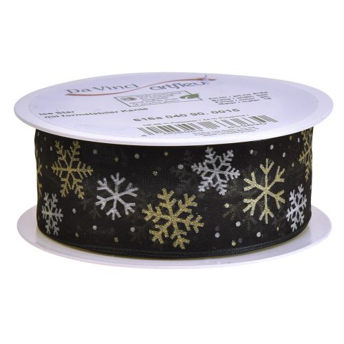 Artikel Weihnachtsband Organza Schneeflocken Schwarz Gold 40mm 15m