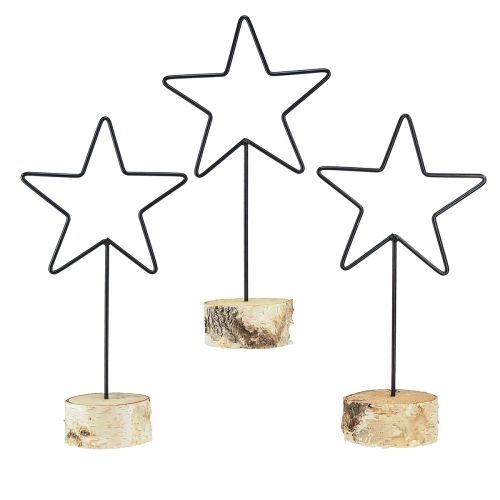 Dekorative Sternenkerzenhalter auf Holzsockel – Set aus 3 – Schwarz & Natur, 40 cm – Stilvolle Tischdeko