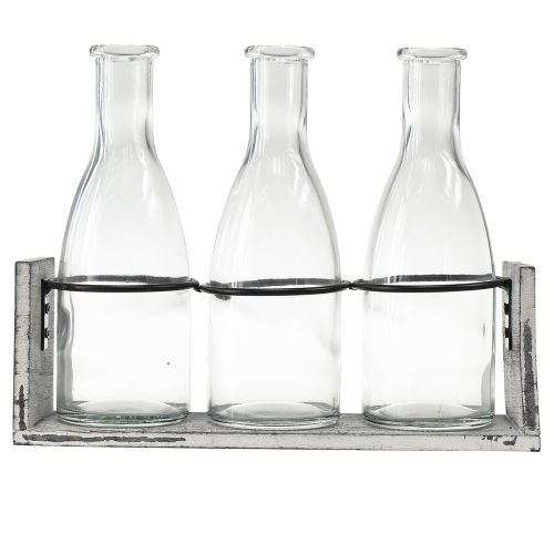 Artikel Rustikales Flaschenset in Holzträger – 3 Glasflaschen, Grau-Weiß, 24x8x20 cm – Vielseitig einsetzbar für Dekoration