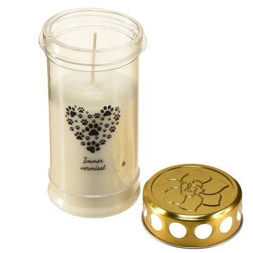 Artikel Grabkerze Hund Herz aus Pfoten Weiß Gold Ø7cm H16,5cm