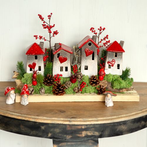 Romantische Keramik-Häuser mit Herzmotiv im 3er-Set – Rot & Naturtöne, 10.9 cm – Liebevoll gestaltete Windlichter