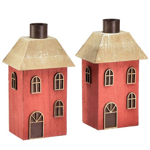 Floristik24 Kerzenhalter Haus Holz Rot Stabkerzenhalter H14,5cm 2St