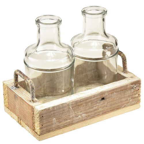 Mini Vasen Glas Deko Tablett Holz Vintage 16x10x14cm Set