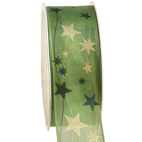 Schleifenband Weihnachten mit Sternen Geschenkband Grün mit Drahtkante 40mm 15m