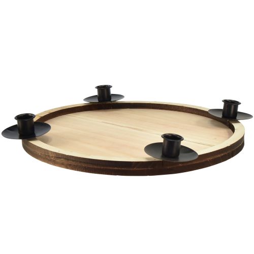 Floristik24 Stabkerzenhalter mit Holz Tablett  – Natur & Schwarz, Ø 33 cm – Zeitloses Design für jede Tischdeko