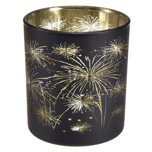 Elegantes Glas-Windlicht mit Feuerwerksdesign – 6 Stück Schwarz und Gold, 9 cm – Ideale Dekoration für festliche Anlässe