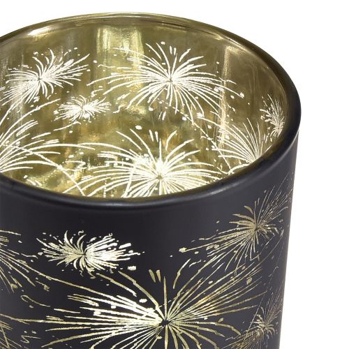 Artikel Elegantes Glas-Windlicht mit Feuerwerksdesign – 6 Stück Schwarz und Gold, 9 cm – Ideale Dekoration für festliche Anlässe