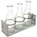 Floristik24 Rustikales Flaschenset in Holzträger – 3 Glasflaschen, Grau-Weiß, 24x8x20 cm – Vielseitig einsetzbar für Dekoration